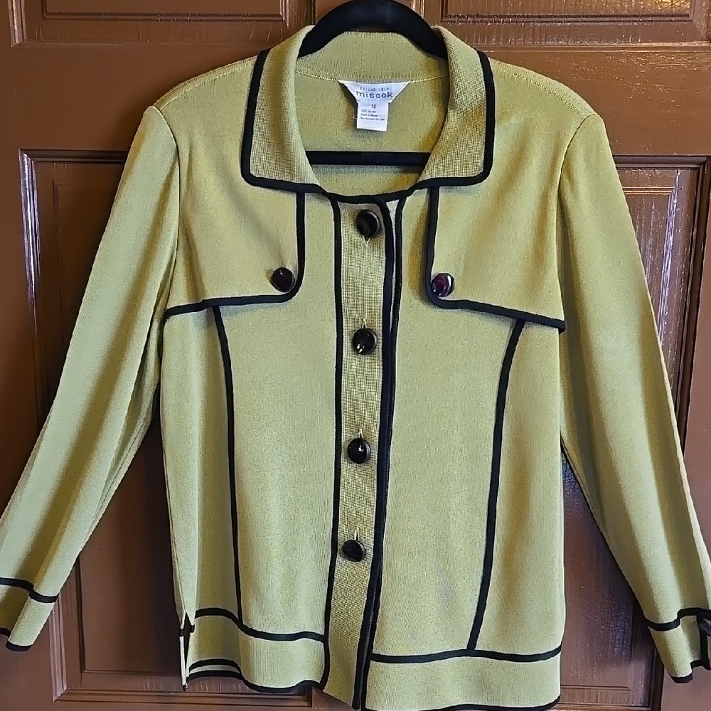 Misook-Knit chartreuse sweater with black trim Size M.